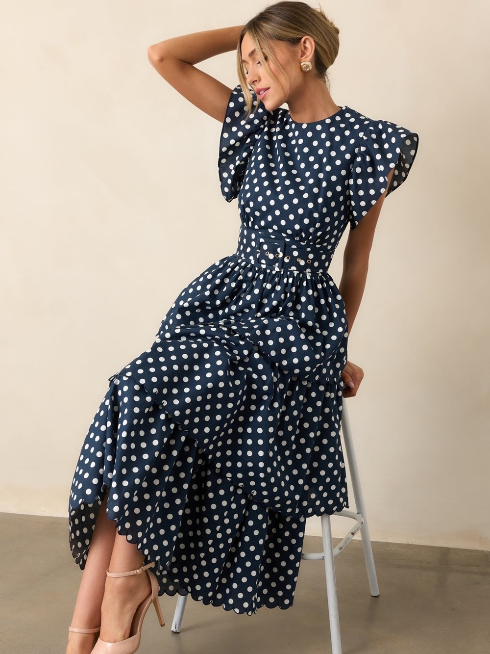Prosperina Chelsea Navy Polka Dot Flutter Sleeve Maxi Dress Size L NWT Cotton